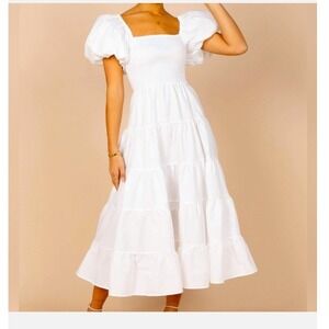 Petal and Pup Annette Puff Sleeve Shirred White Smocked Tiered Midi Dress L